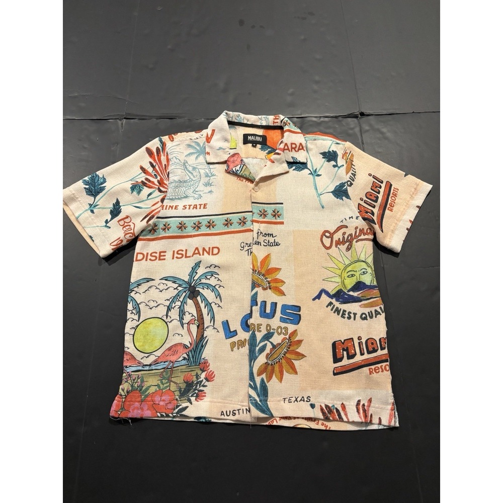 Malibu by Drill Clothing Co. Graphic Print Short Sleeve Button Down Shirt Size S